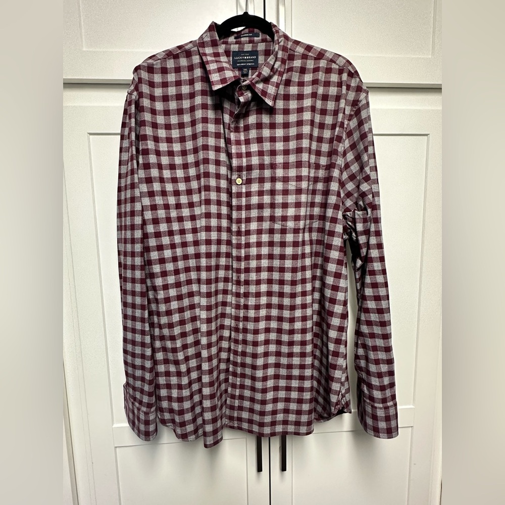 LUCKY Brand Men's Checkered Shirt Maroon and White, Sz XXL- “Saturday Stretch”